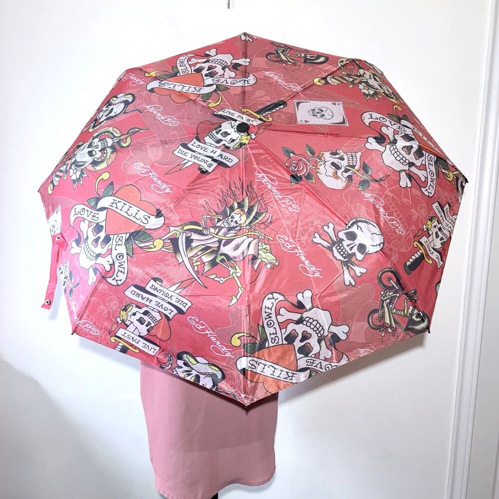 Ed Hardy Umbrella Auto Open & Close Red Love Kills Slow Skull Dagger 42” Y2K NWT